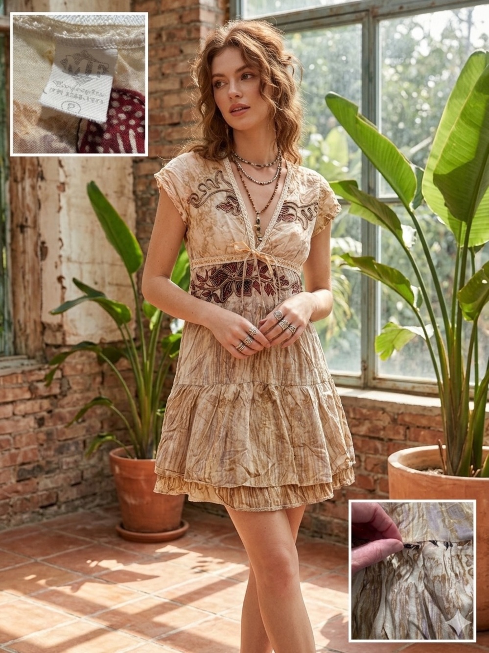 Vintage ME Confecções Boho Fairycore Embroidered Crinkle Mini Dress Tunic As-Is